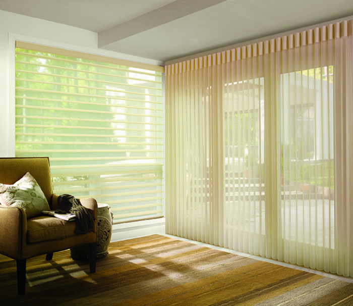 Glass walled bright living room