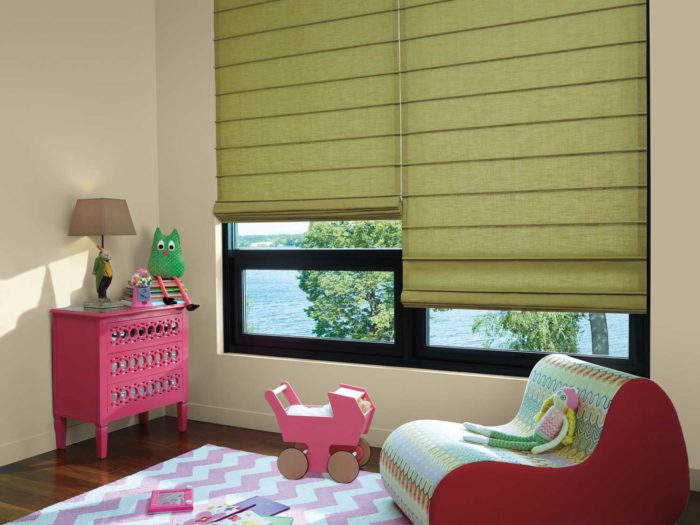 corner of kids room with window and shades