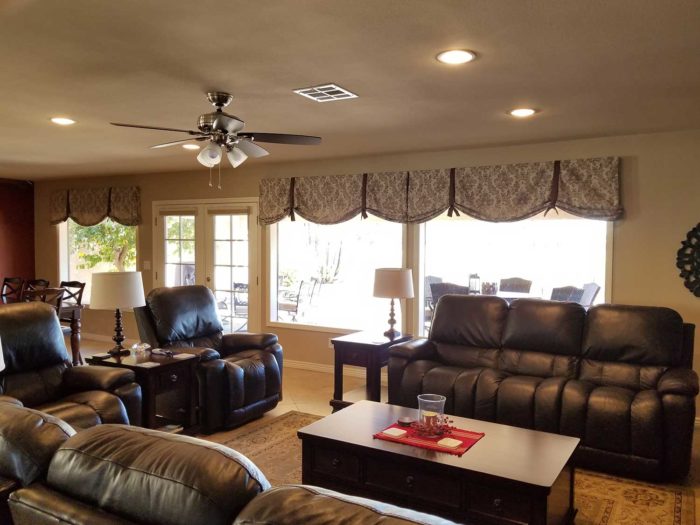 Board mounted Valances over large windows in a living space