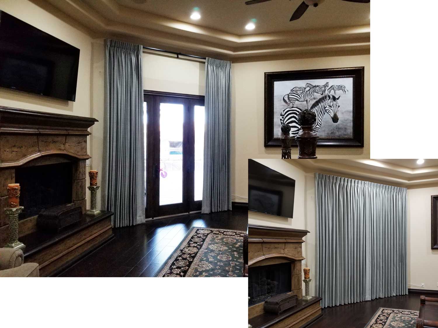 section of a living room with a fireplace and closed drapes