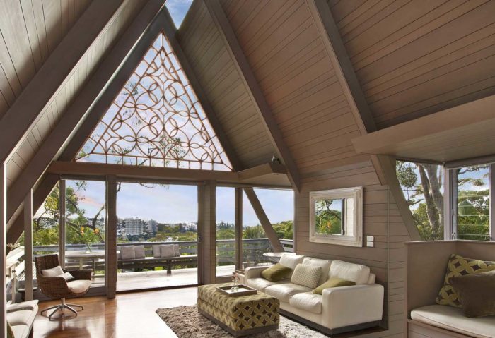 interior of a living space with slanted roof