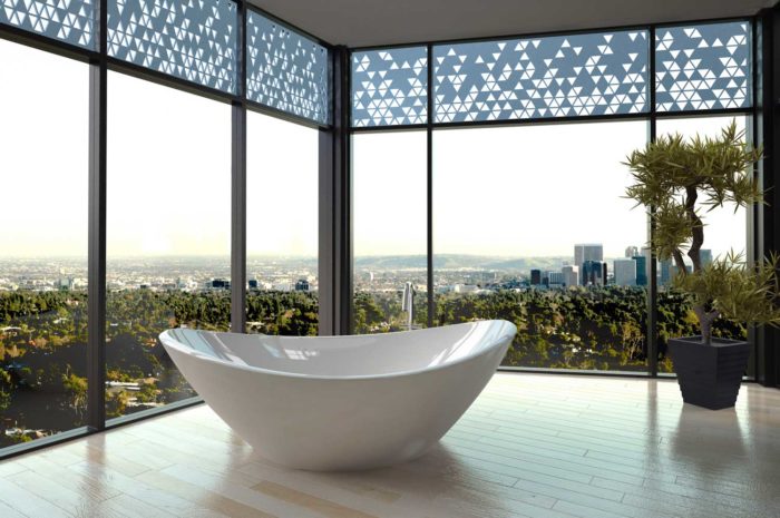 corner room with floor-to-ceiling glass panes and a porcelain bath