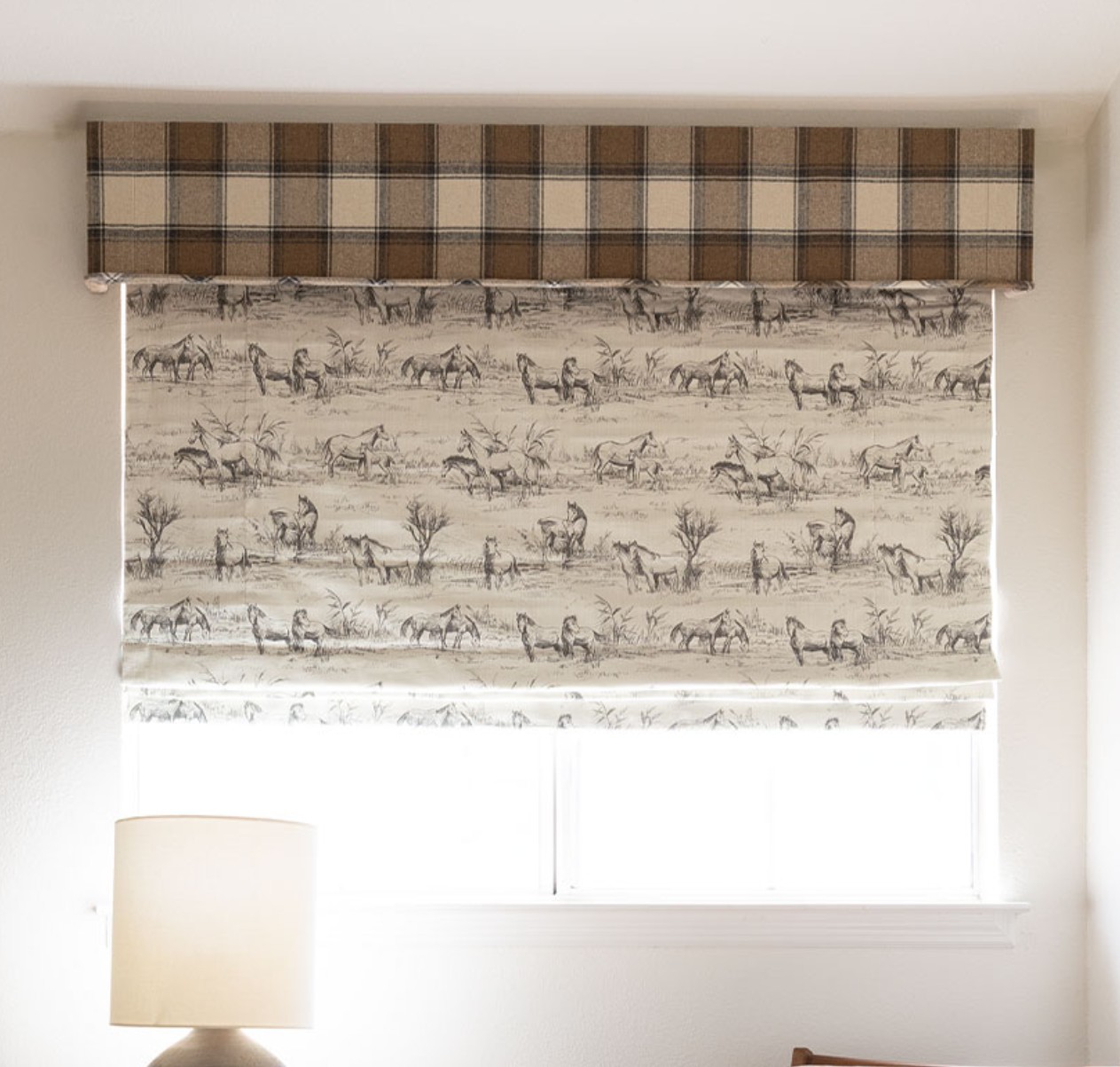 Plaid Cornice Box over Roman Shade